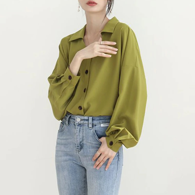 2023 Spring Summer Polo-neck Elegant Fashion Green Shirt Ladies Long Sleeve All-match Buttons Blouse Women Loose Casual Cardigan