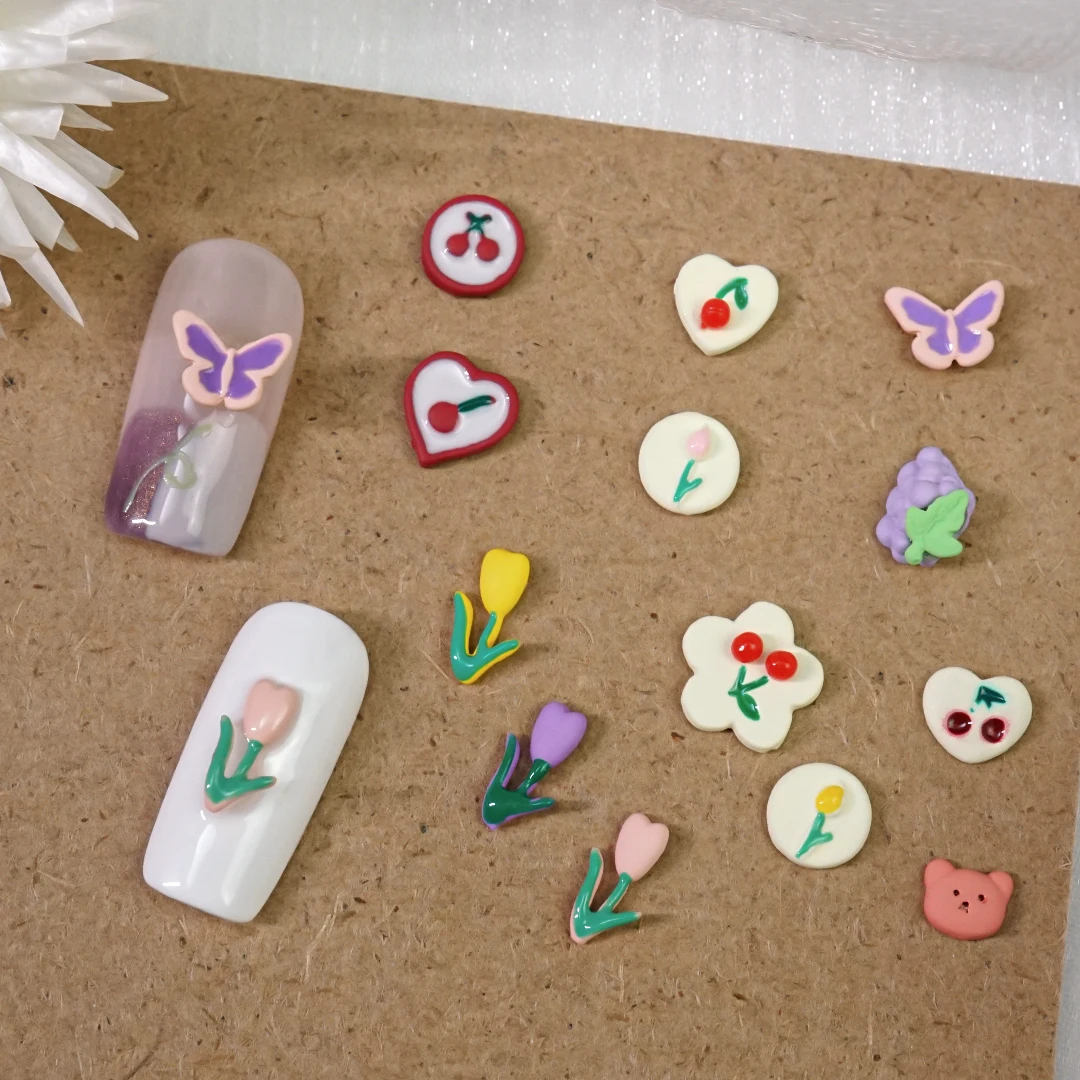 

Cherry Tulip Nail Charm 3D Kawaii Flatback Rhinestones Flowers Shaped Nails Parts Accessories DIY Manicure Decorations Korea