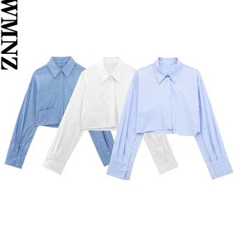 XNWMNZ New Women fashion cropped poplin shirt Woman high street lapel long-sleeve pocket front button top female chic blouse