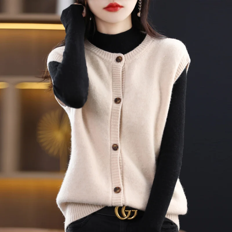 

100% Merino Wool Knitted Vest Women's Autumn Winter New Round Neck Loose Sleeveless Cardigan Sweater Fashion Outwear Top Female
