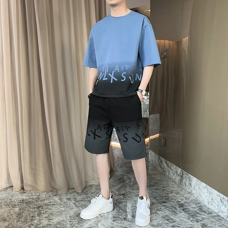 Summer Men's Pullover Round Neck Short Sleeve T-shirt with Elastic High Waist Pockets Letter Gradient Knee Pants Shorts Set