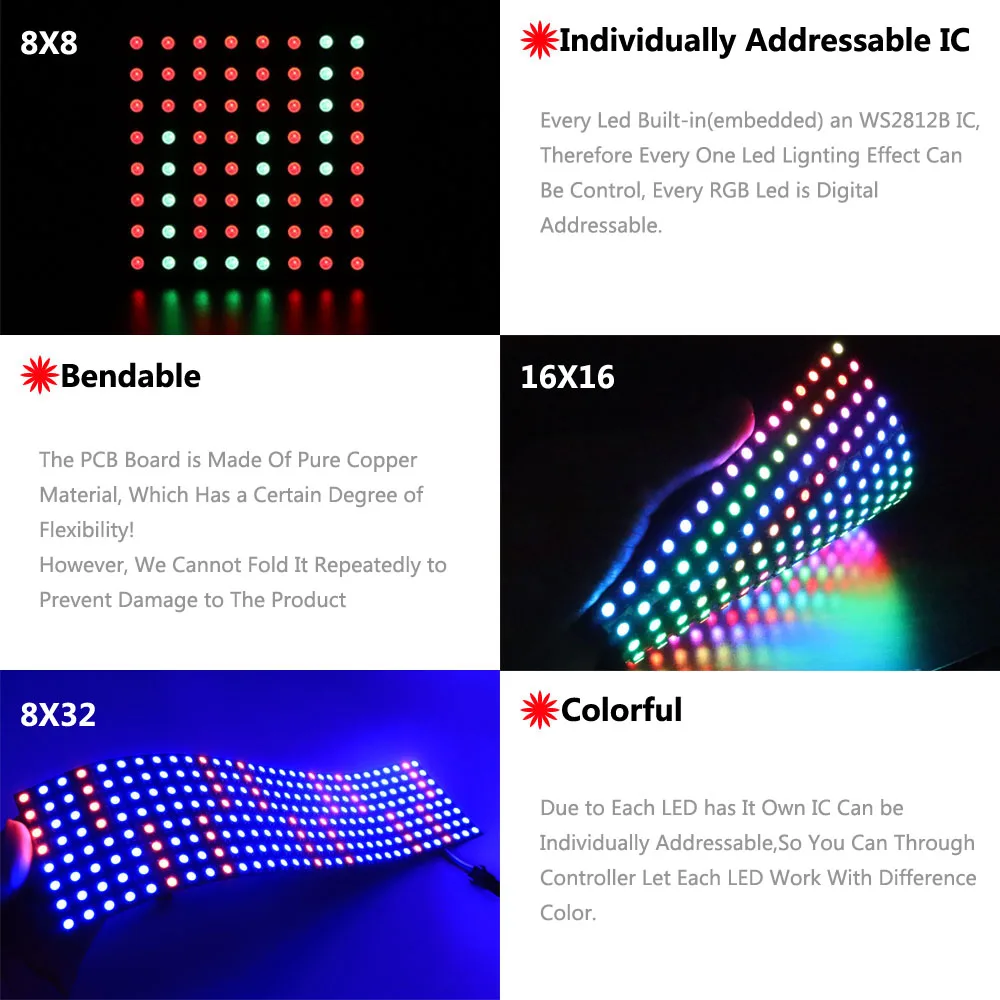 รูปสินค้า แผง LED RGB Matrix ควบคุมด้วย IC WS2812B ความละเอียดสูง