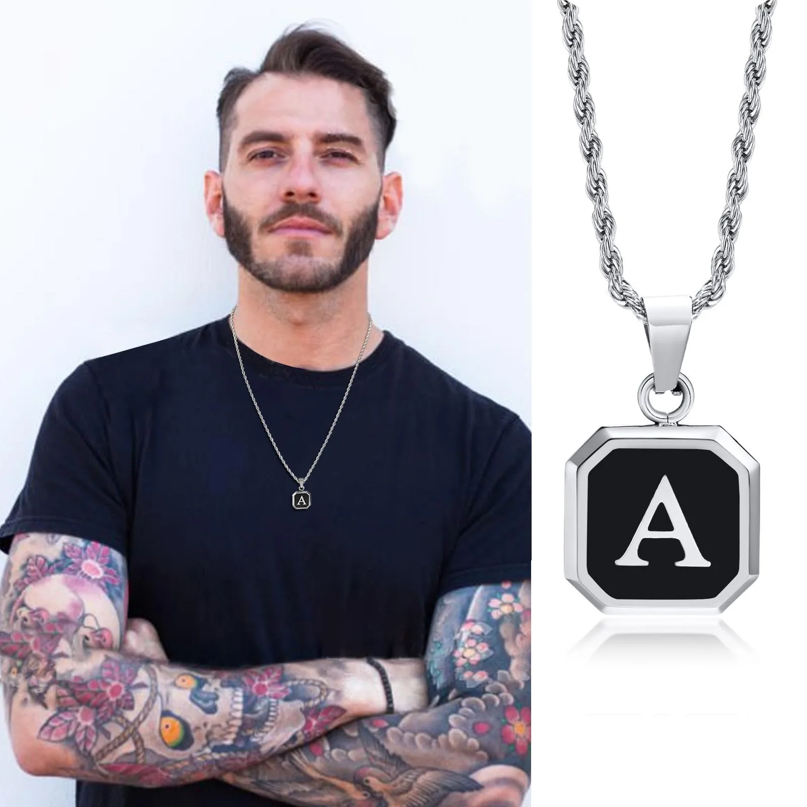 Weihnachtsgeschenke für Männer, erste Halskette, Edelstahl, Buchstabe A-Z, für Männer, Jungen und Frauen, quadratischer Anhänger, Schmuck, Geburtstagsgeschenke