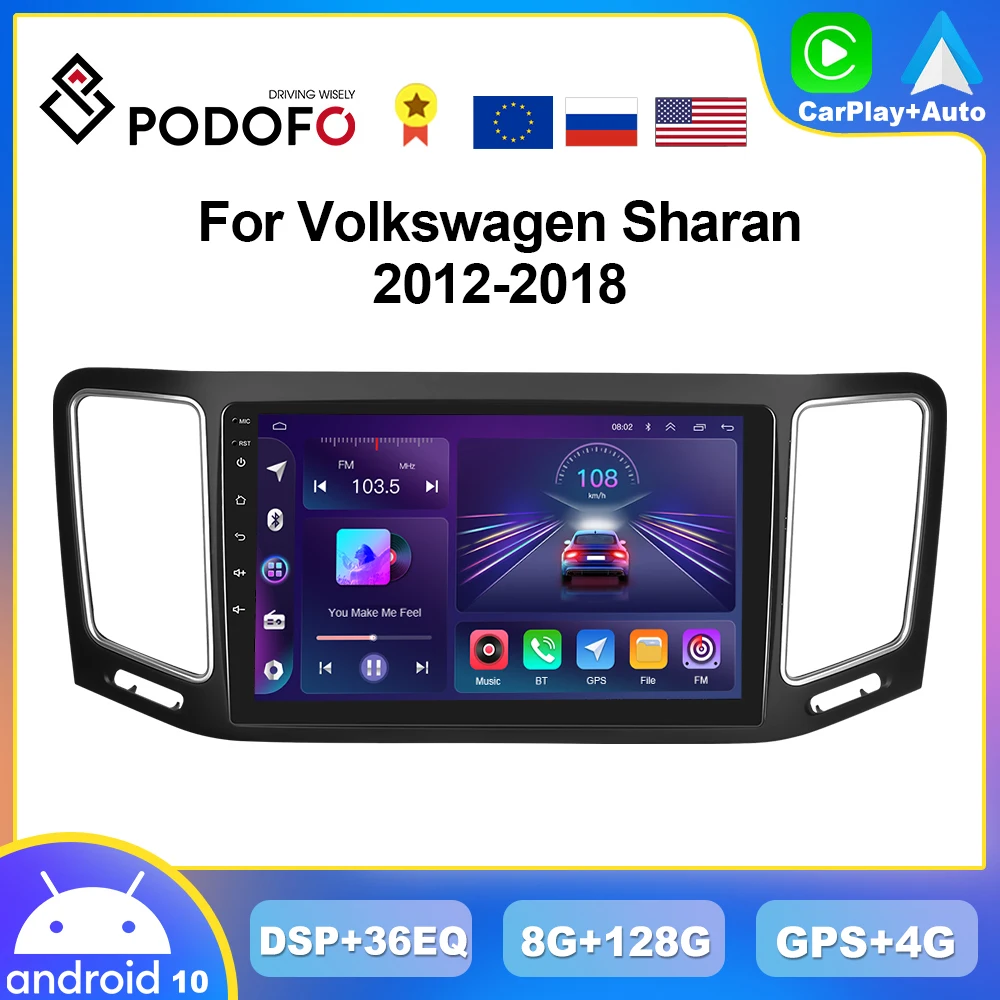 

Автомагнитола Podofo для Volkswagen Sharan, мультимедийный проигрыватель на Android, 8 ГБ + 128 ГБ, 4G, GPS, стереоприемник, 2din, головное устройство