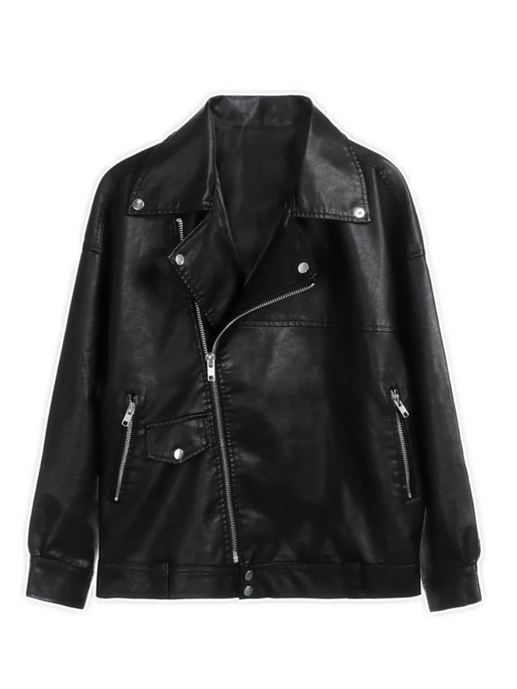 Vestes en similicuir PU noir pour femmes, style motard européen, couleur unie, coupe oversize décontractée