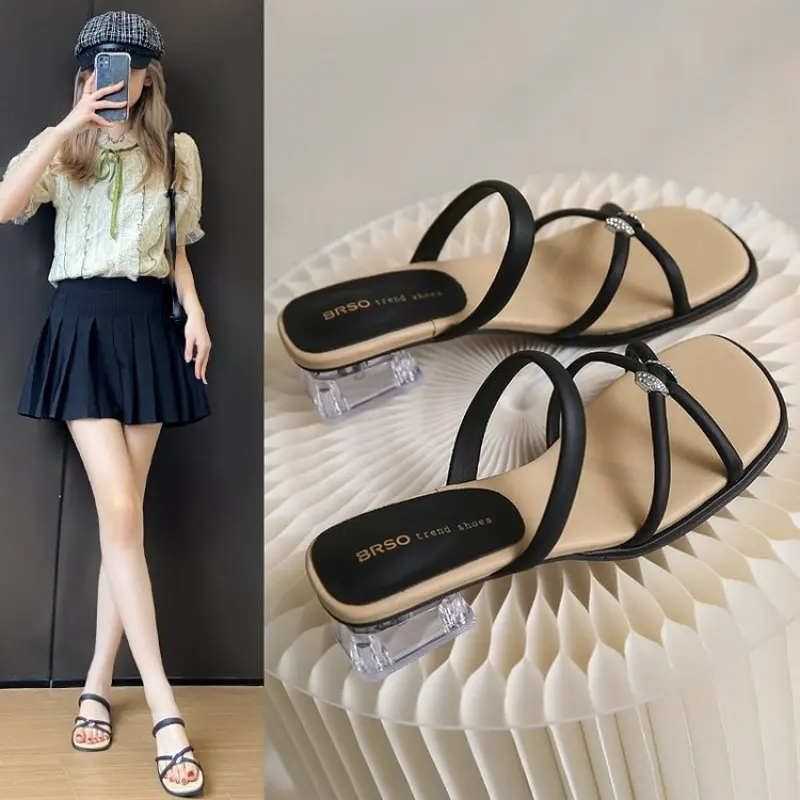 2024 New Designer Summer Pumps Slippers Sandals Shoes Women High Heels Square Toe Sandal Lady Shoes  heels women Fashion Casual