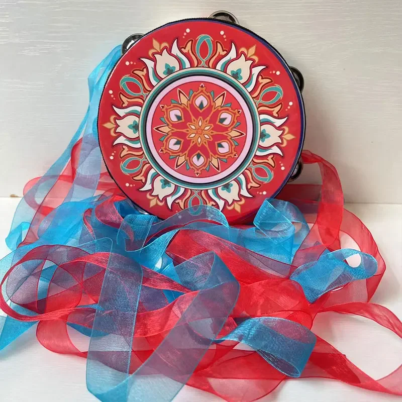 Chinese Hand Drum with Ribbon Bells Dunhuang Dance Stage Performance Decorative Tambourine Musical Instrument Photography Props