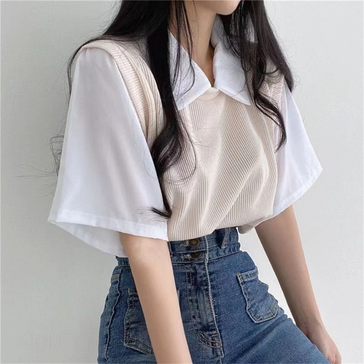 여성용 컬러 블로킹 폴로 칼라 상의, 페이크 투피스 반팔 티셔츠, 레이지 루즈 캐주얼 다목적 블라우스, 아카데미 스타일, 여름