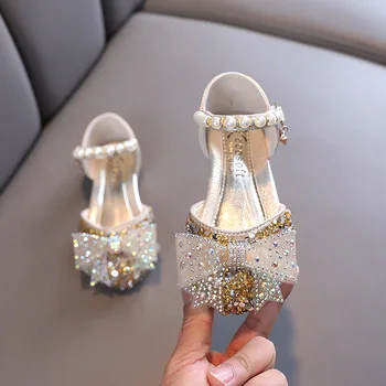Sandali da principessa estivi per ragazze con paillettes e fiocco in strass, scarpe da ragazza, nuove scarpe casual in pelle per bambini 1