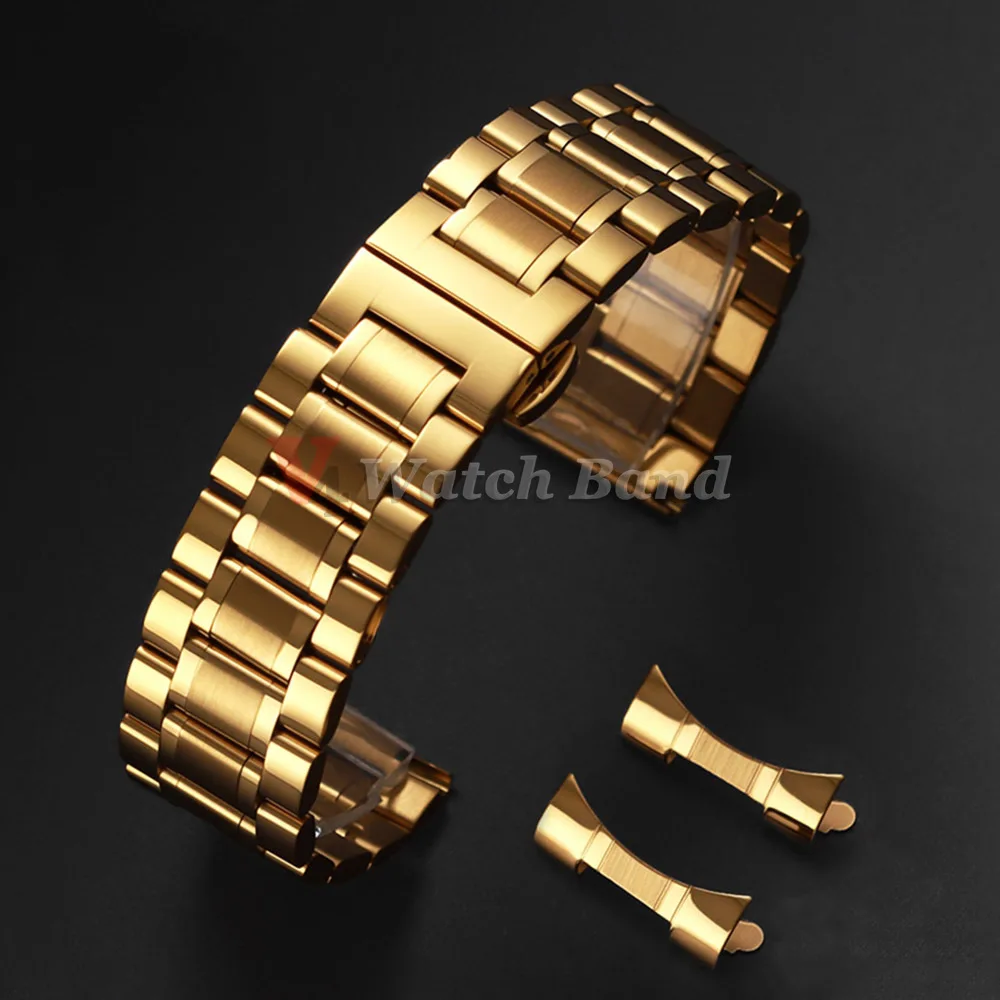 Universal Curved End Solid Stainless Steel Watch Band with Butterfly Clasp