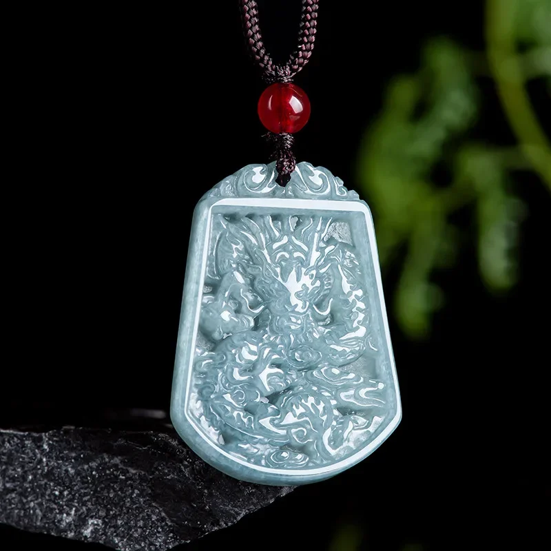 Genuine A-goods Jadeite Blue Water Trumpet Dragon Pendant Fashion High-grade Men's and Women's Models Jewelry Jade Necklace