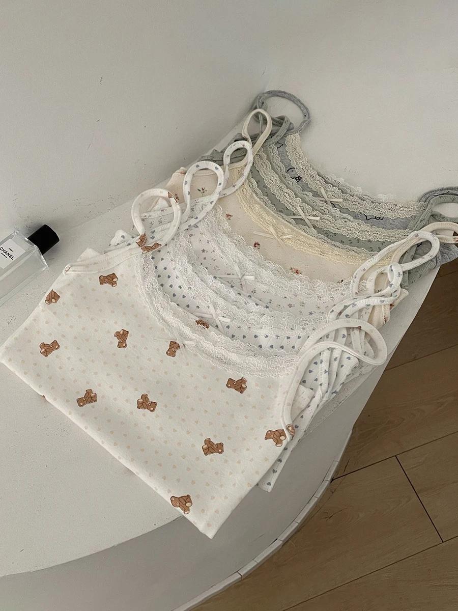 Little Bear Heart Slim Tank Top Woman Summer Lace Trim Bow Cotton Camisole Female Casual Sweet Cute Preppy Style Crop Tops New