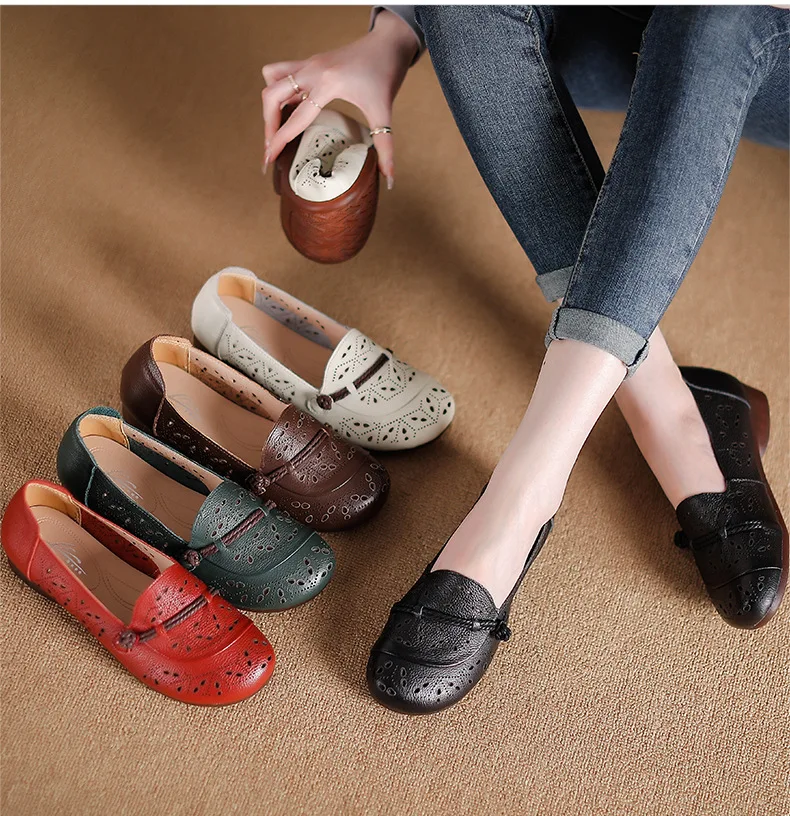 New Strings ballet flats woman summer shoes holes ladies breathable driving shoes slip on moccasins women split leather loafer