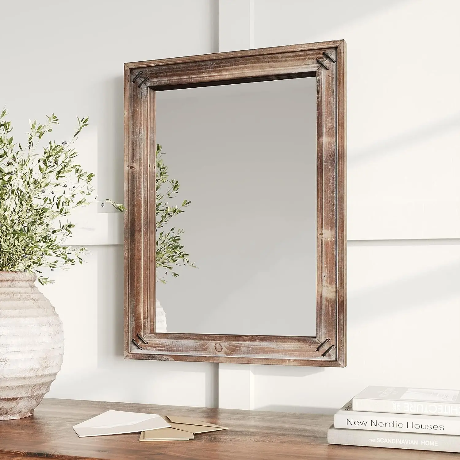 

Metal & Dark Wood Farmhouse Mirror, Wooden Large Rustic Mirror, Bedroom Mirrors for WALL Decor, Decorative Wood Mirror Li