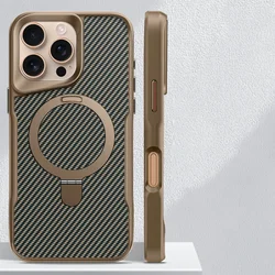 Desert Titanium Carbon Fibre Magnetic Phone Case with Metal Holder and MagSafe Charging Compatibility for iPhone 12 Pro (Titanium Gold)