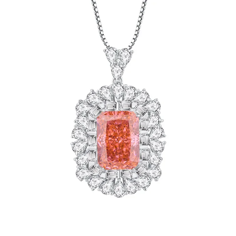 

Spring Qiaoer 925 Silver 10*14MM Padparadscha High Carbon Diamond Pendant Necklace Pendant Wedding Fine Jewelry Gift for Women