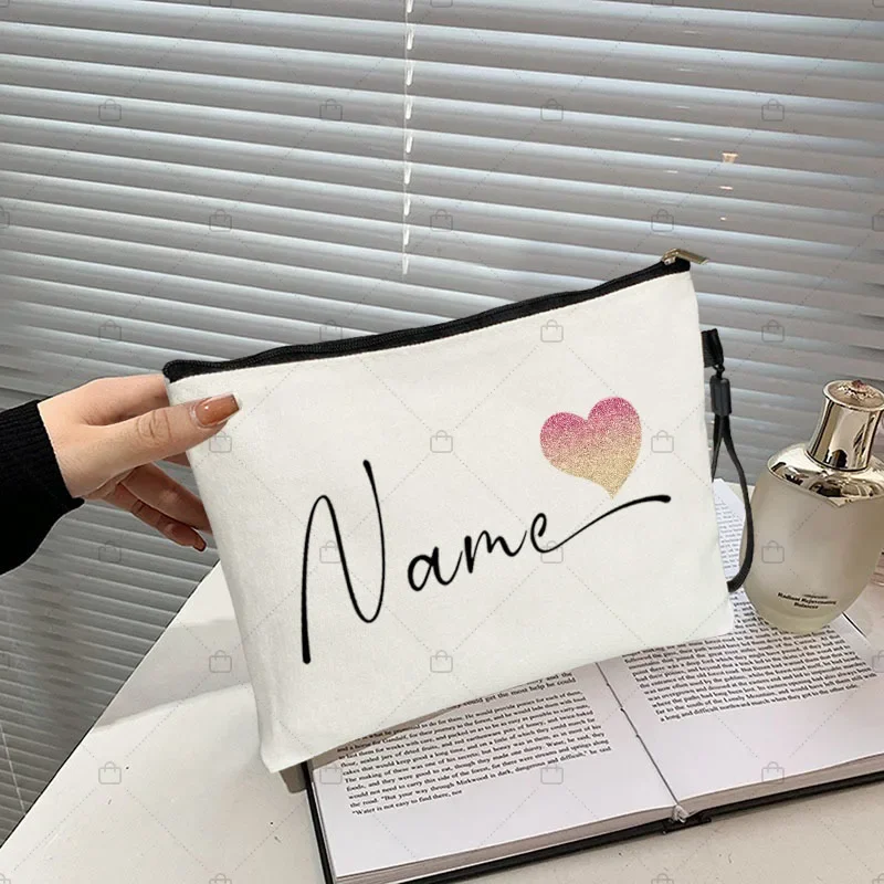 Personalized Custom Name Text Cosmetic Bag Rose Gold Color Love Heart Makeup Bags Travel Toiletry Pouchs Kit Teacher Bride Gift cosmetic bag cosmetic storage bag toiletry bag makeup bag cosmetic case