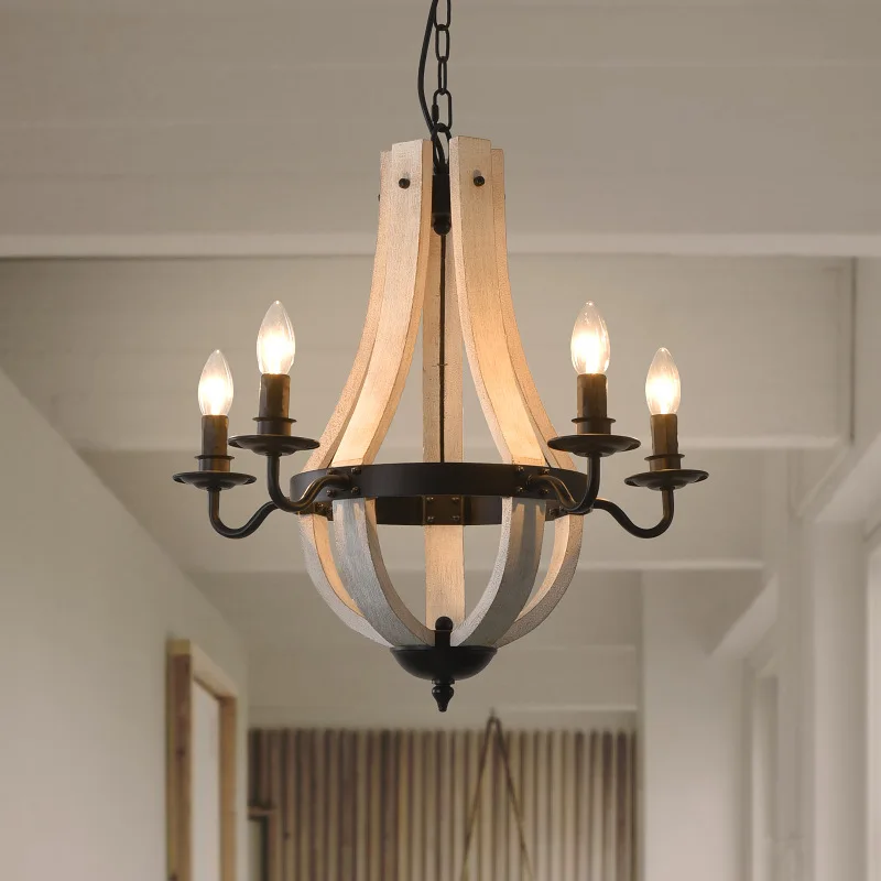 

American Style Rural Wood Chandelier Lighting Restaurant Living Room Villa Corridor Staircase Retro Iron Pendant Lamp