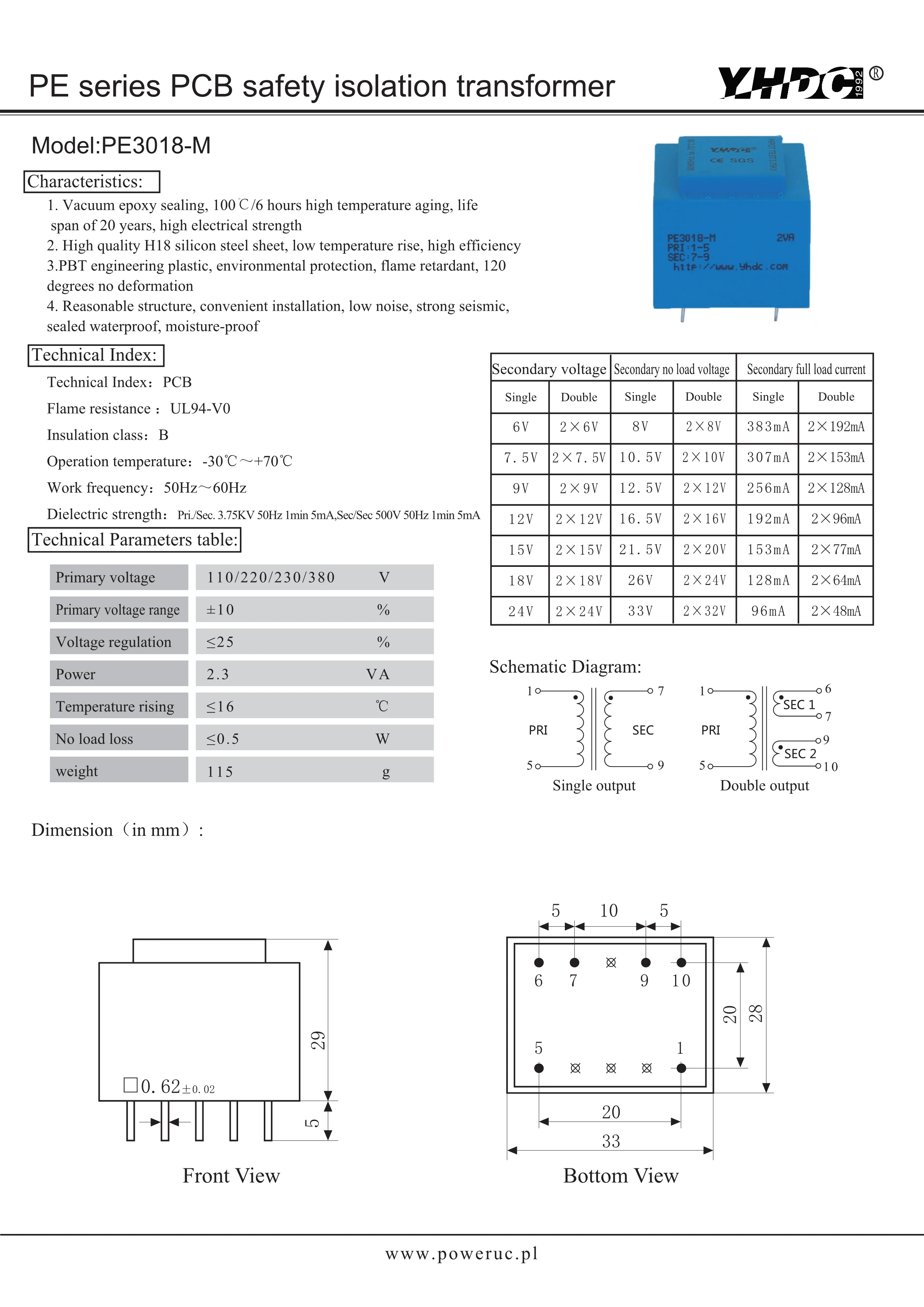 YHDC PE3018-M 전력 2.3VA, 220V, 6V, 7.5V, 9V, 12V, 15V, 18V, 24V, Expory Resign 캡슐화 안전 절연 변압기 PCB 용접