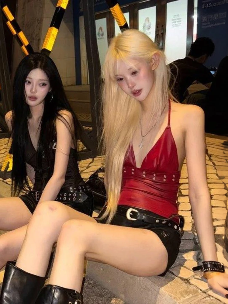 Nibber Sexy Metal Decoration Camisole Women v-Neck Faux Leather Midnight Hottie Music Festival Wild Fashion Classic Streetwear