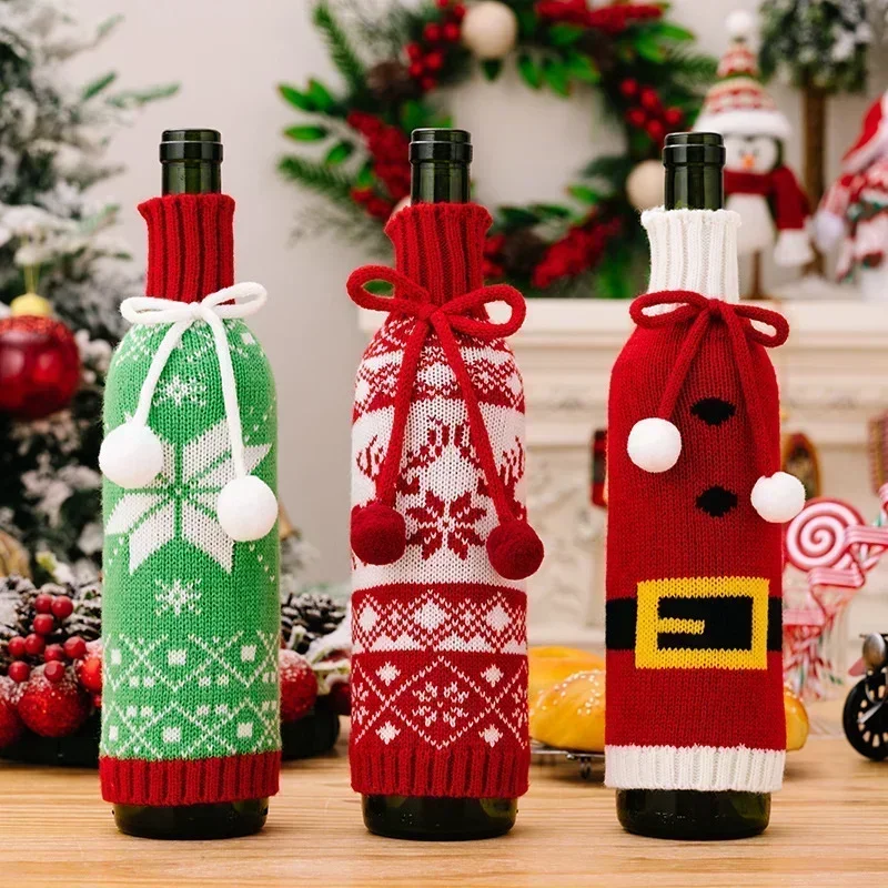 Knitted Red Wine Bottle Covers for Christmas Party Decorations