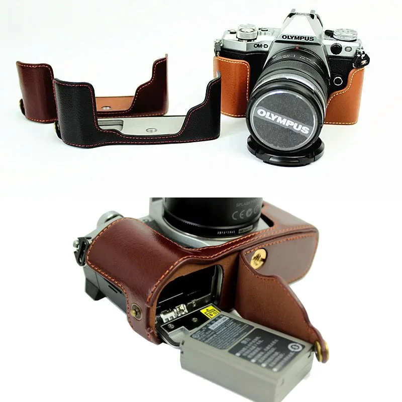 Custodia Per Fotocamera In Vera Pelle Borsa A Metà Corpo Per Olympus Em5 Ii Em5 Mark Ii Batteria Aperta Caffè Nero Marrone