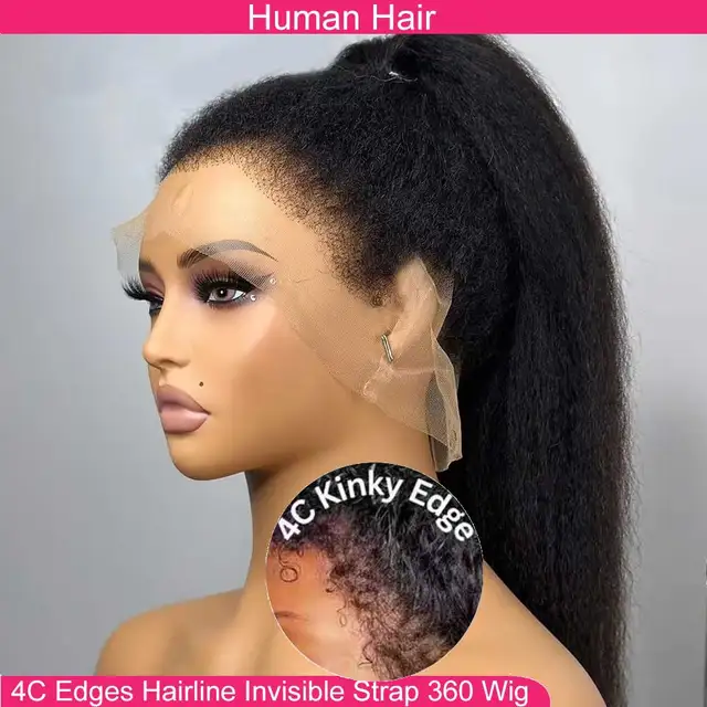 Perruque de cheveux humains 4C bouclés et raides, avec dentelle frontale HD transparente 360, prête à porter et sans colle 1