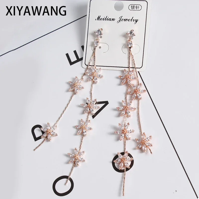 

New Arrival Copper Zirconia Trendy Women Stud Earrings Korean Long Earrings Simple Fashion Zircon Flower Tassel Earrings Jewelry