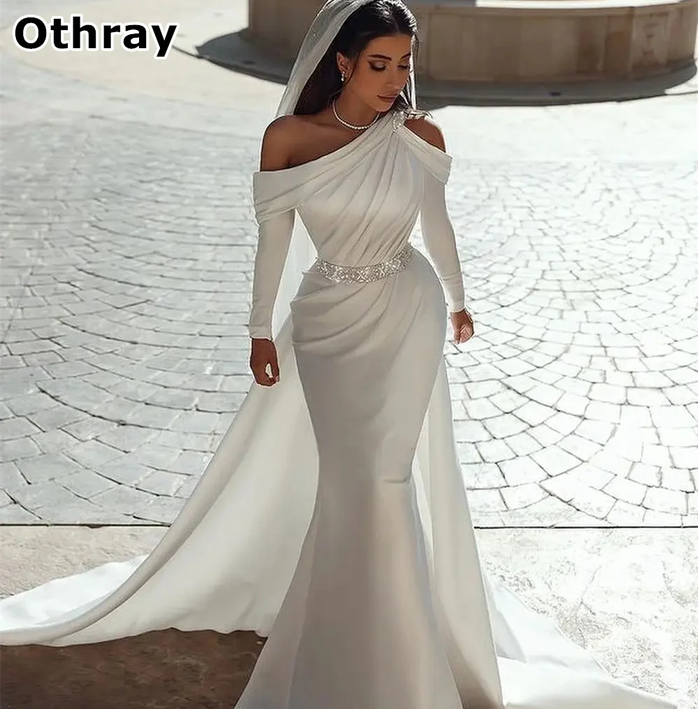 

Othray Designer Satin Wedding Dresses Mermaid Beaded One Shoulder Long Sleeves Dubai Bridal Gowns Vestidos De Novia