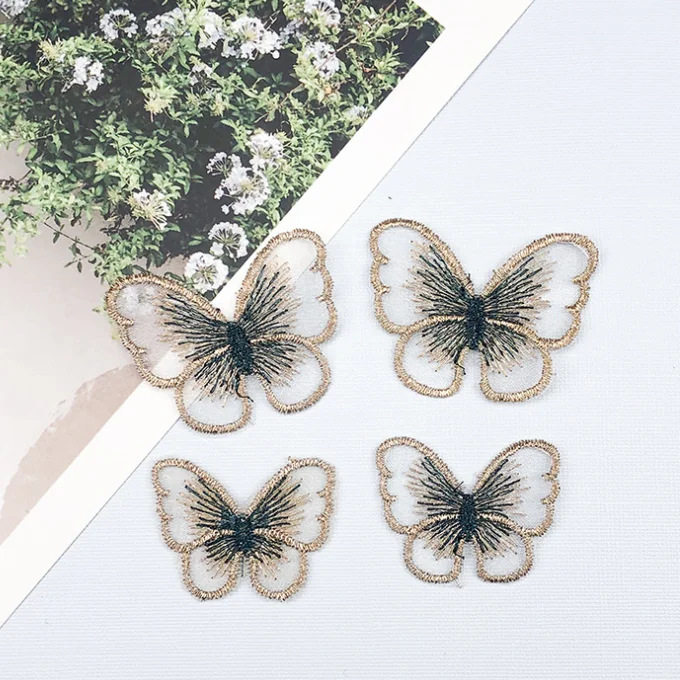 Vibrant Gold Thread Embroidered Butterfly Patches - Set of 10 in 14 Colors for Garment Embellishment