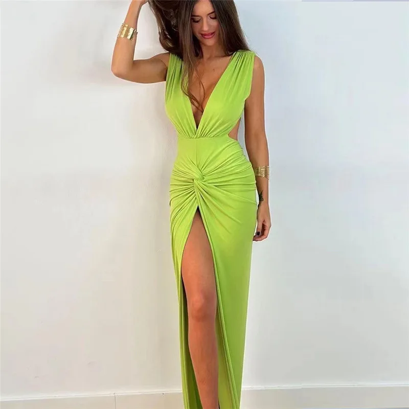 Delilah Sexy Profundo Escote En V Vestido Con Apertura Verde Lima Tallas Grandes