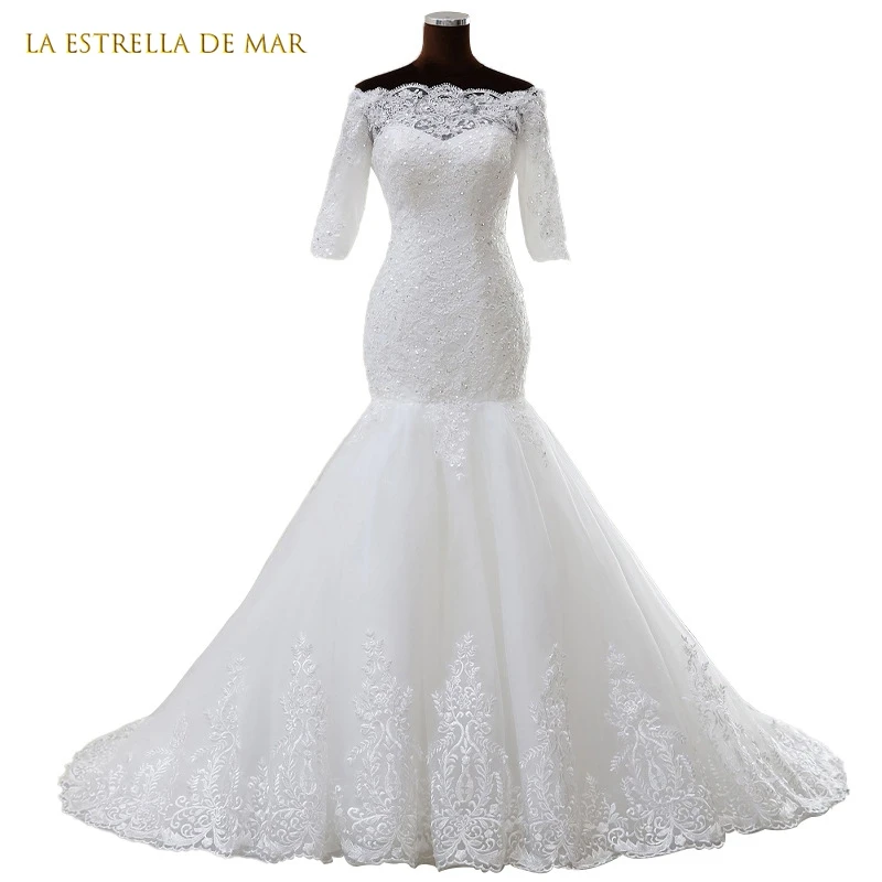 

white robe de mariee sirene lace appliqués Boat Neck Off the Shoulder boho bridal gown woman vestido de novia talla grande long