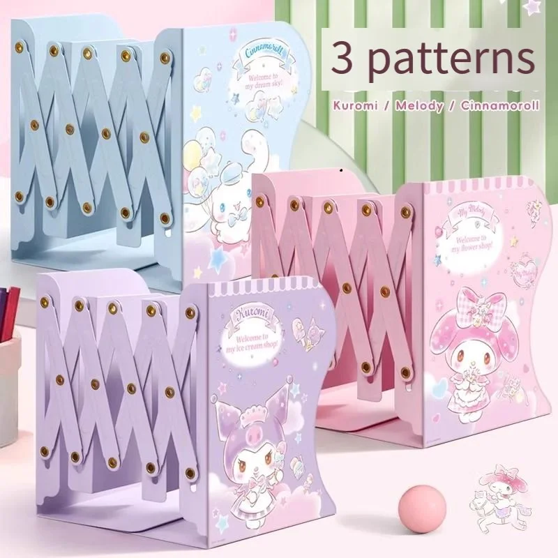 Sanrio Kuromi Cartoon Retractable Metal Book Stand Desktop Student Folding Melody Bookshelf Simple Book Storage with Partition