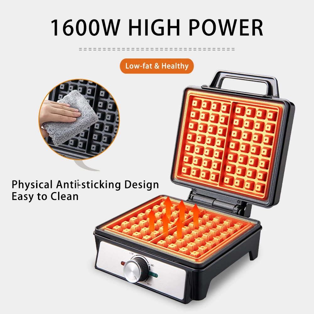 Waffles Maker 2 Slices Adjustable Temperature Electric Breakfast Belgian Waffle Machine Non-Stick Egg Cake Iron Plates 1600W 3