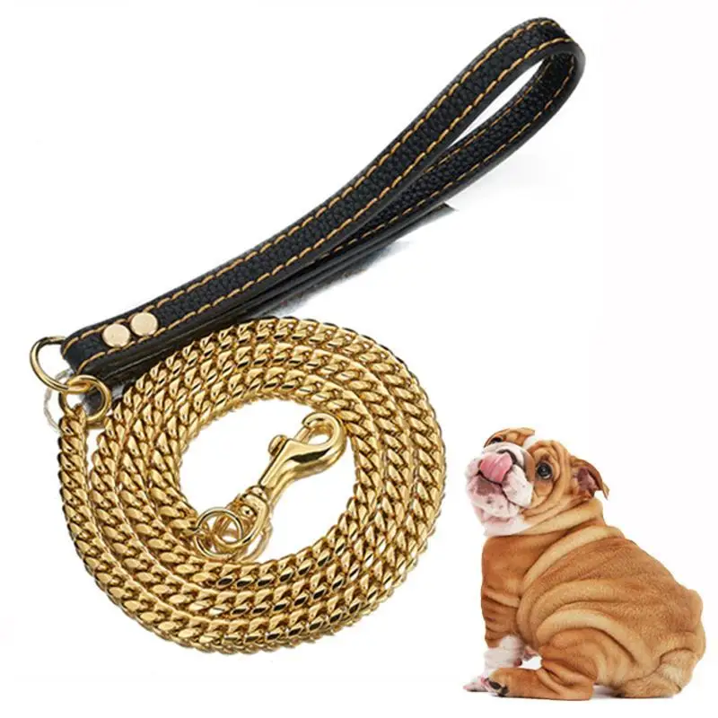 Stainless Steel Dog Leash Pet Dogs Leather Leashes Gold Solid Dog