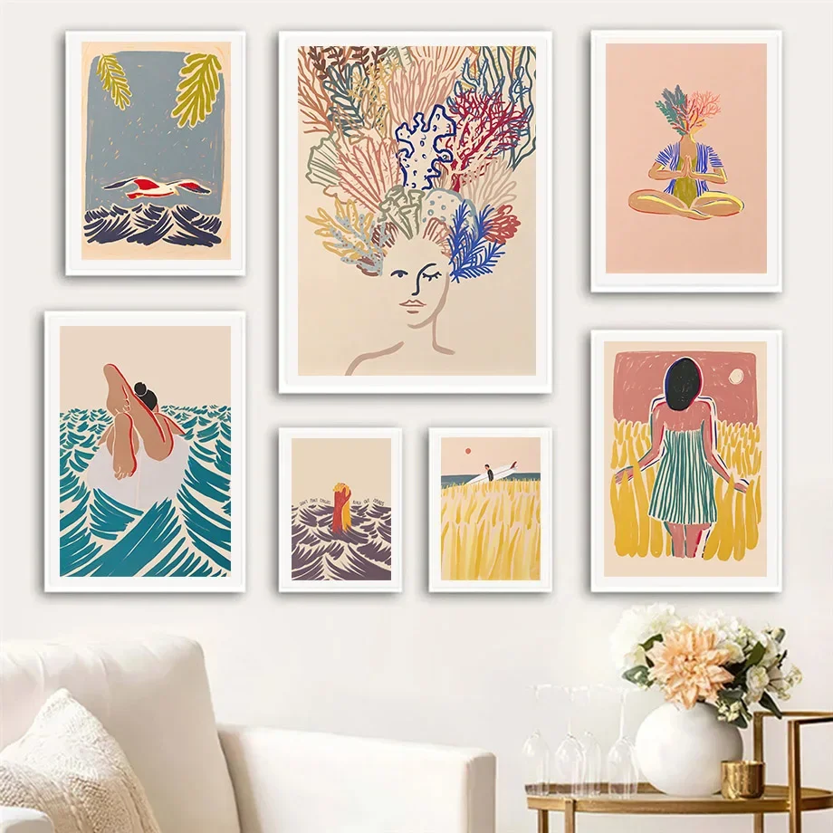 Minimalista Beach Surf Wave Girl Gabbiano Boat Poster E Stampe Wall Art Canvas Painting For Living Room Immagini Decorative