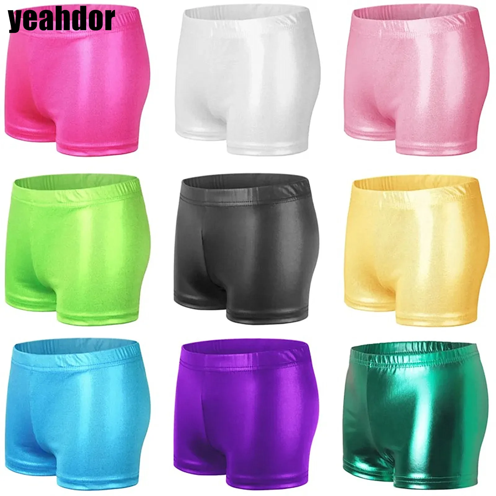 

Kids Girls Bright Dance Shorts Bronzing Cloth Elastic Waistband Solid Color Boxer Bottom Dance Shorts