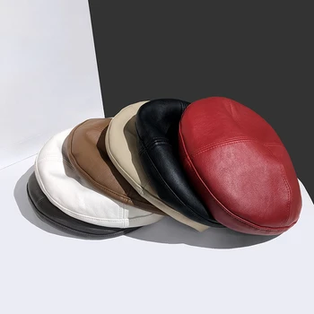 Vintage Women Beret Solid Beret Cap Pu Leather Chain Beret French Artist Warm Beanie Hat Female Ladies All-Match Adjustable Hat