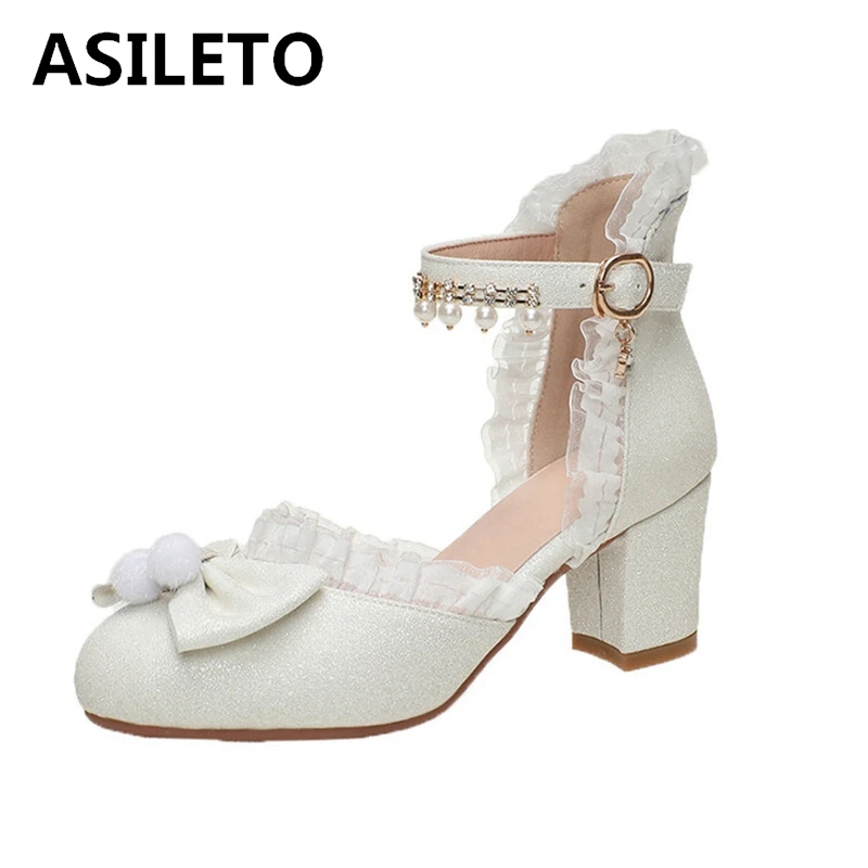 

ASILETO Lolita Style Girls Pumps 5.5cm Block Heels Buckle Strap Bowknot Plus Size 42 43 44 Sweet Mary Janes Shoes Spring