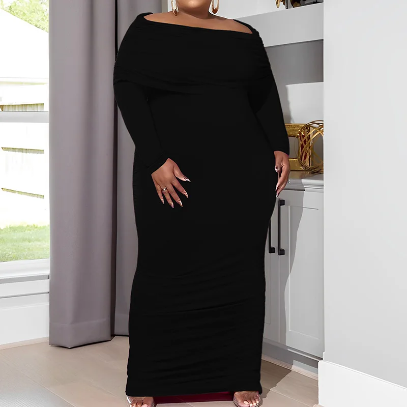 Plus Size Fashion Women Clothing Solid Color One Word Collar Bag Hip Maxi Dress Streetwear Shirring Long Sleeve Knitted Dresses