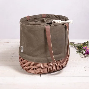 Durable Canvas Tote Bag with Willow Wicker Bottom Stylish Beach Picnic Basket Fully Lined Convenient Grocery Shopping Companion 2