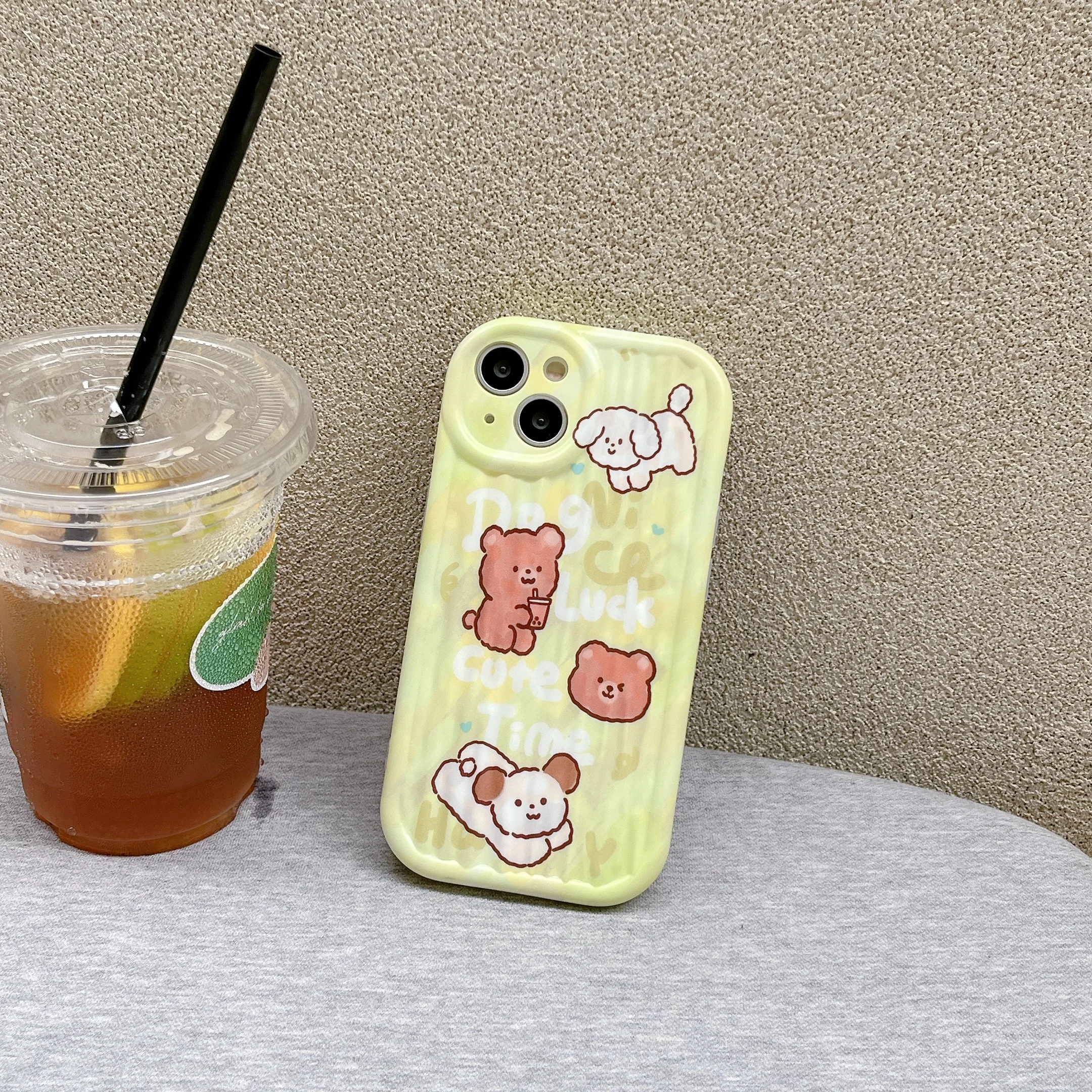 Custodia Abrasiva A Righe Imd Dog And Bear Milk Tea Pattern Per Iphone 14Pro 14Promax 14 13 13Promax 13Pro 11 12 15Promax Soft Shell