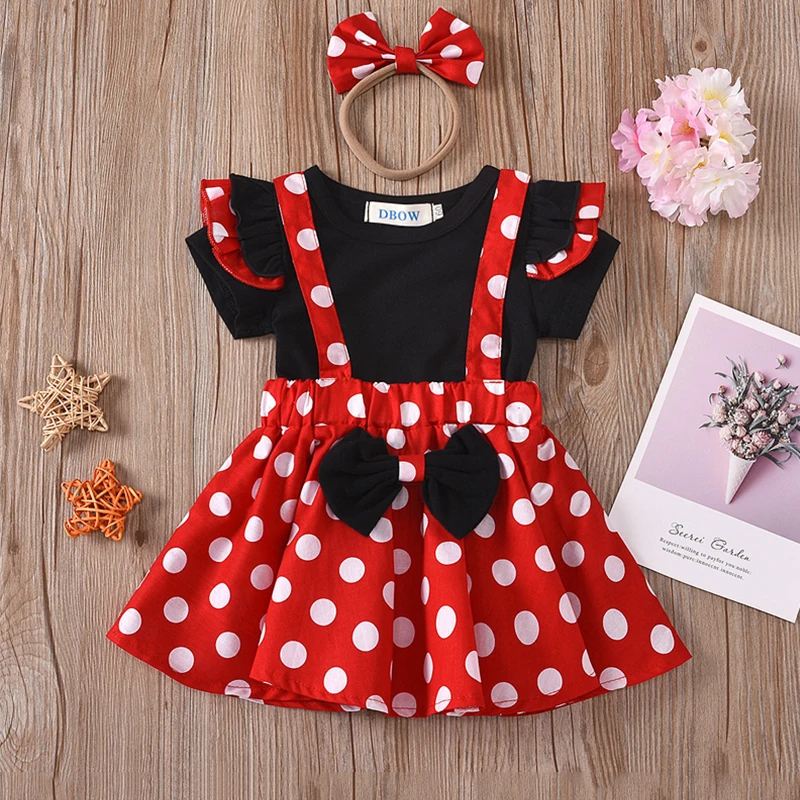 

3PCS Baby Girls Outfits Tees Strap Skirts Dress Headband Sets Summer Toddler Short Sleeve T-shirt Bow Dots Skirt Clothing