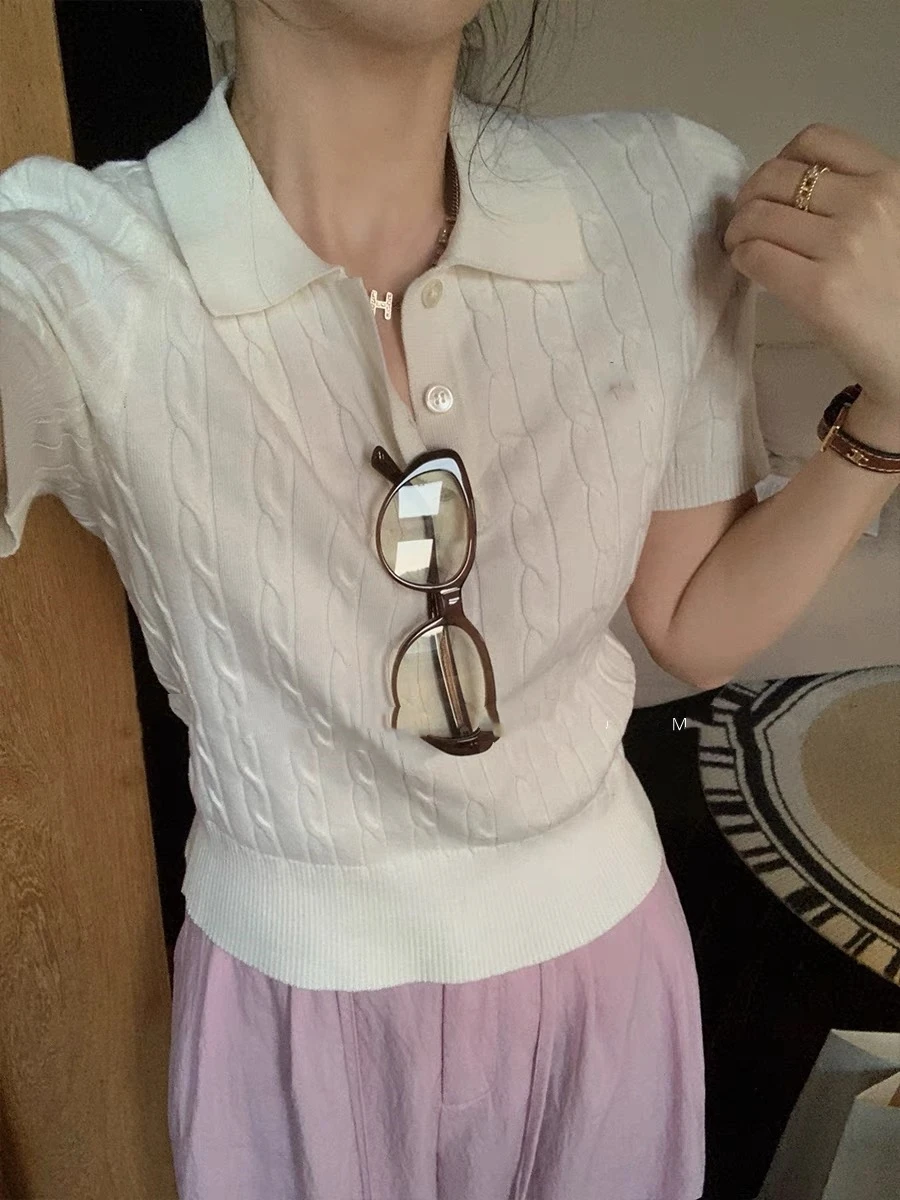2024 여성용 티셔츠 탑, 우아한 반팔, 클래식 튀김 반죽 트위스트, 폴로 칼라, 대학 패션 탑, 여름 