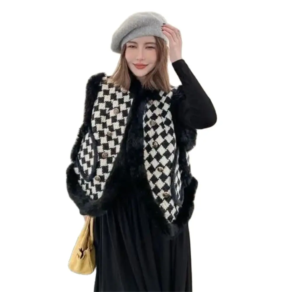 

Argyle Velvet Thick Vests Women Winter Clothes Coats Pockets Elegant Y2k Patchwork Korean Fashion Style Casual Chaleco Mujer New