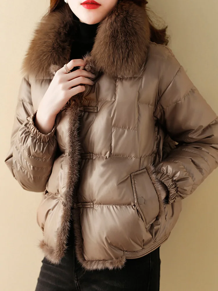 Winter Women Real Fox Fur Collar 90% White Duck Down Jacket Ladies Warm Puffer Coat Female Vintage Button Thick Parkas