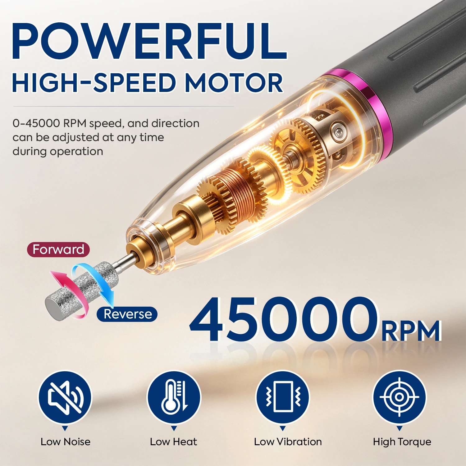 45000RPM 충전식 네일 드릴 머신, LCD 디스플레이가 있는 휴대용 무선 전동 네일 파일, 정회전 및 역회전 기능