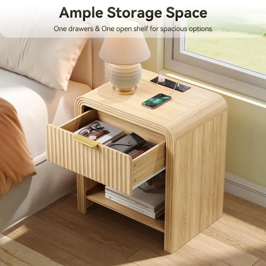 Fluted Nightstand with Charging Station – Gold Handles & Open Shelf 4