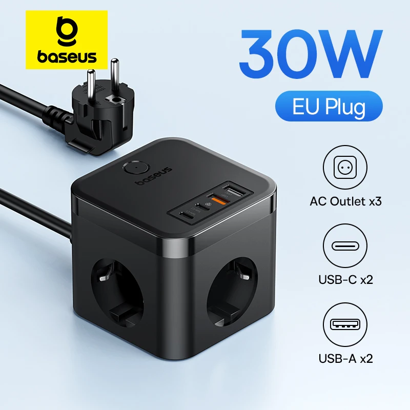 Baseus 30W Fast Charger Power Strip 3AC Outlet Desktop Charging Station With Surge Lightning Protection For iPhone 15 14 Tablets