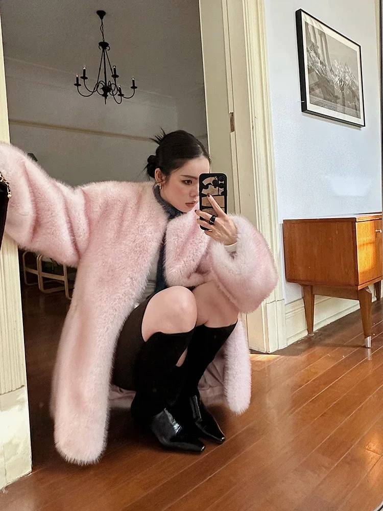 2023 Winter Clothes Imitation Fox Fur Mid-Length Colorful Coat Sweet Elegant Loose Long Sleeve High-End Thickened Furry Jackets